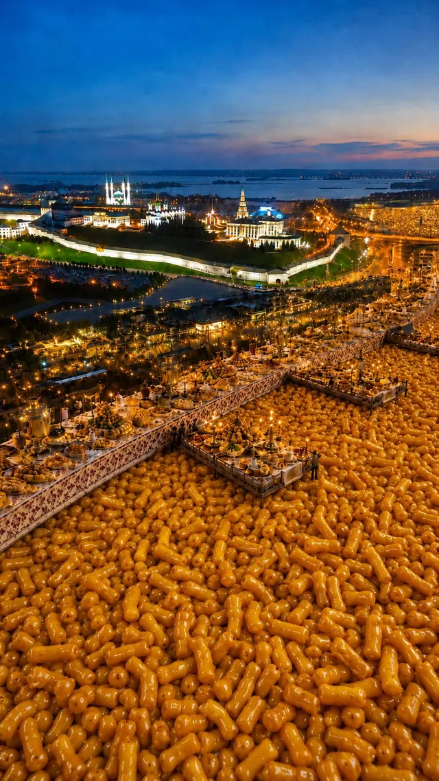 Казанский Кремль на закате и набережная Казани, засыпанная чак-чаком